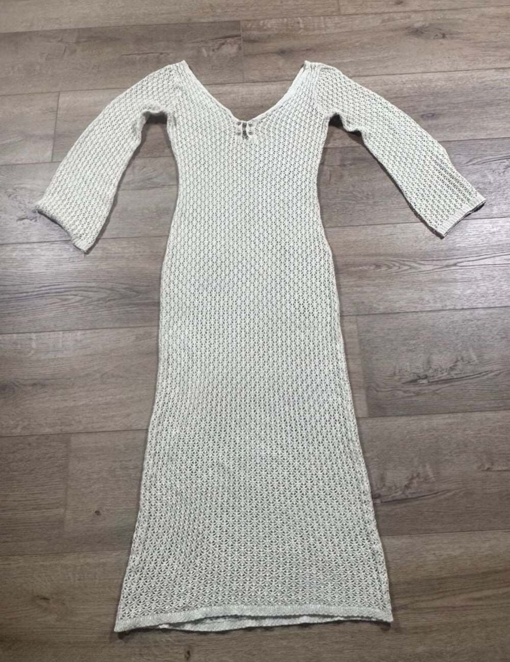 Y2K Crochet Knit Maxi Dress Bell Sleeve Beach Cover Up Boho XS - S Beige - Picture 2 of 10